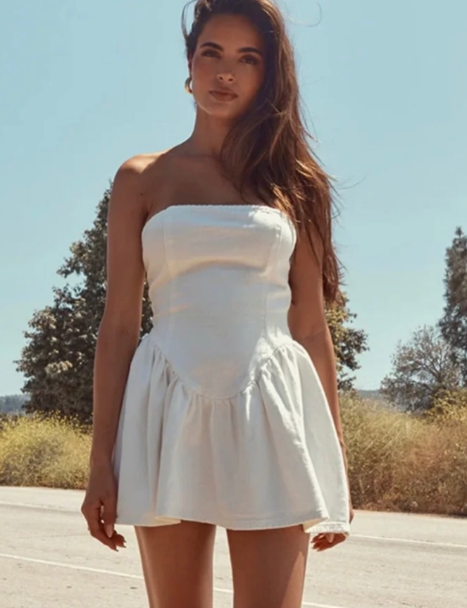 PLT - white Lace Up Corset Style Back Denim Puffball