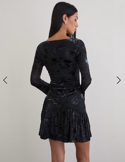Motel Anyeli velvet leaf mini dress in dark blue