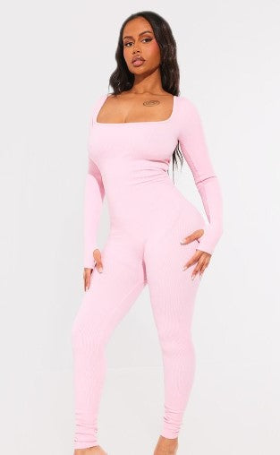 Shape Candy Pink Contour Rib Square Neck Thumb Hole Jumpsuit