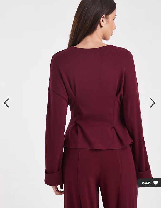 ASOS DESIGN fine knitted cinch waist deep cuff long sleeve top in dark cherry