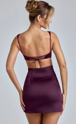 OhPolly-Cut-Out Satin Mini Dress in Plum