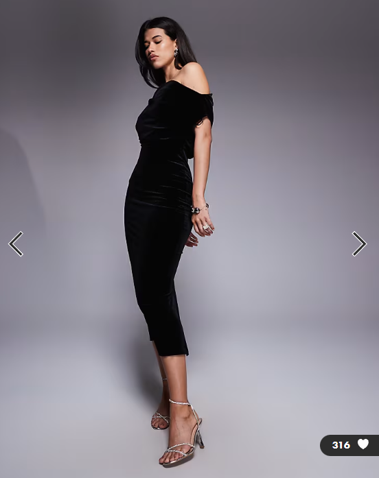 ASOS DESIGN velvet dramatic neckline midi dress with split in black