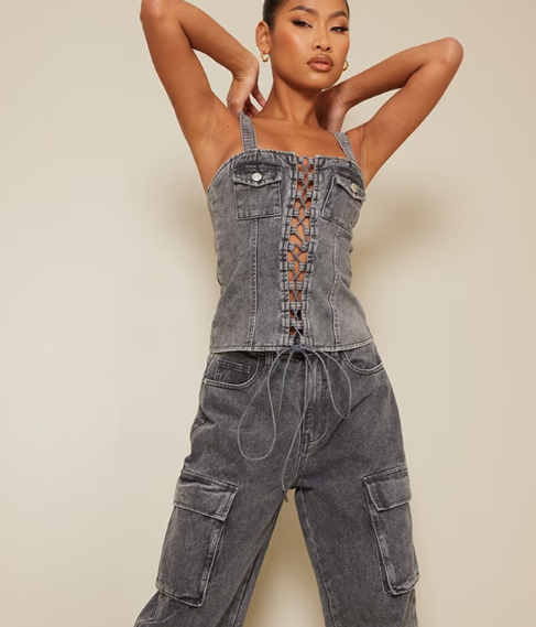 Plt - Grey Acid Wash Lace Up Denim Top