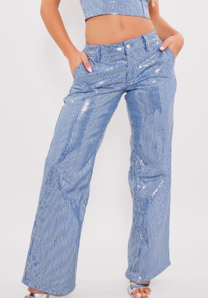 Light Blue Wash Sequin Wide Leg Jean