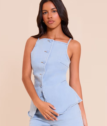 Plt - Petite Light Blue Fitted Square Neck Denim Waistcoat