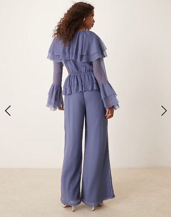 ASOS DESIGN exaggerated ruffle sleeve jumpsuit with cut out waist in blue