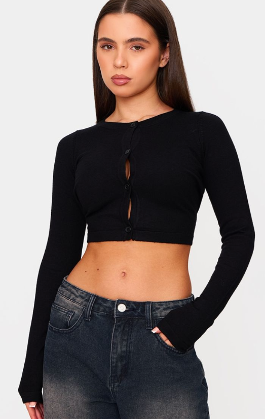 Petite Black Basic Fine Knit Button Up Cropped Cardigan