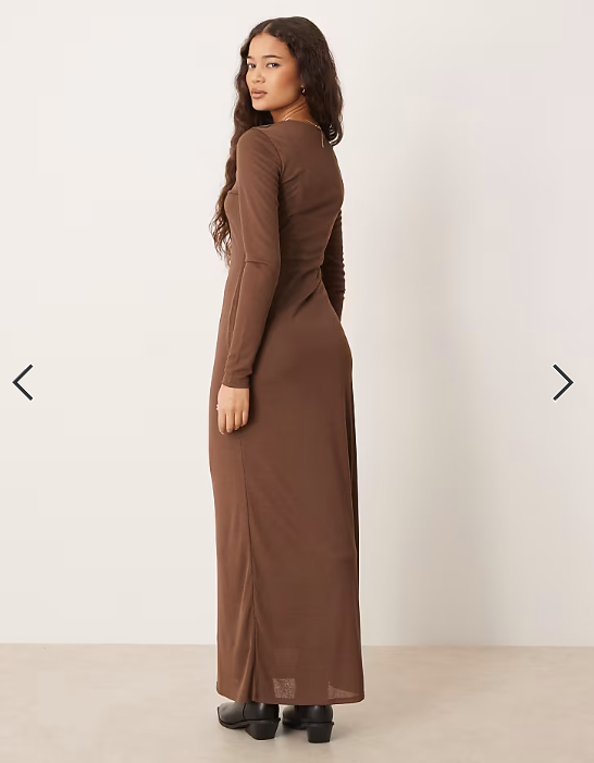 ASOS DESIGN long sleeve sheer double layered midi dress in chocolate