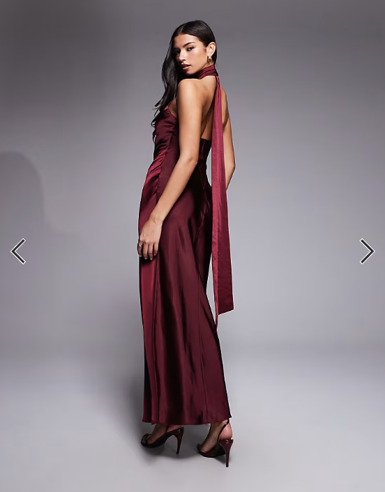 Rare London satin scarf detail halter open back maxi dress in plum