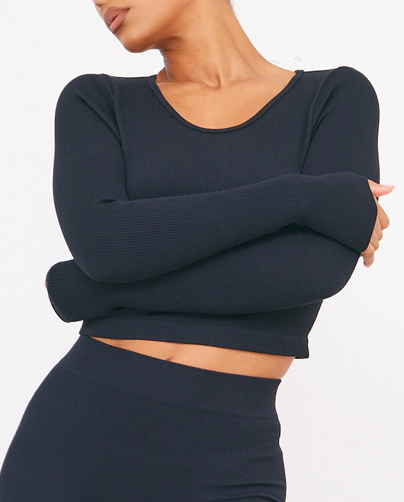 Black Structured Snatched Ribbed Round Neck Long Sleeve Crop Top