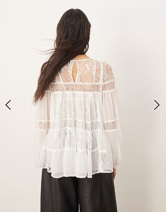 ARRANGE lace detail blouson sleeve top with drawstring detail in white