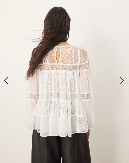 ARRANGE lace detail blouson sleeve top with drawstring detail in white