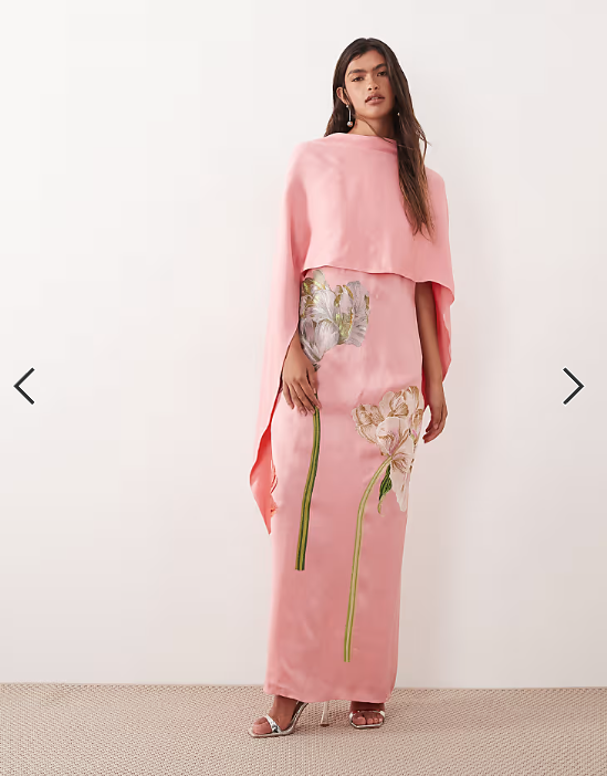 ARRANGE floral embroidered satin overlay maxi dress in pink