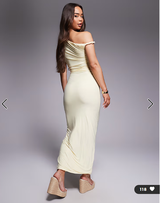 Kaiia exclusive double layered slinky twist off shoulder bodycon maxi dress in butter yellow