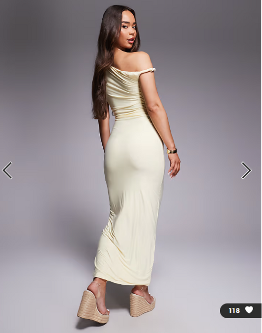 Kaiia exclusive double layered slinky twist off shoulder bodycon maxi dress in butter yellow