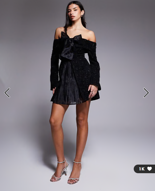 ASOS LUXE boucle bardot mini dress with pleated skirt and bow in black