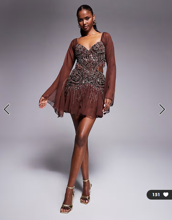 ASOS DESIGN fluted sleeve mini dress with placement embellishment in chocolate
