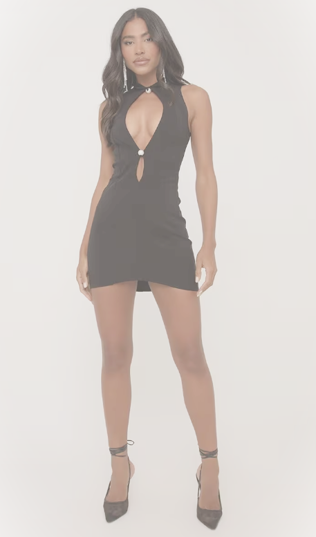 Sleeveless Keyhole Cut Out Pearl Button Detail Tailored Mini Dress In Black