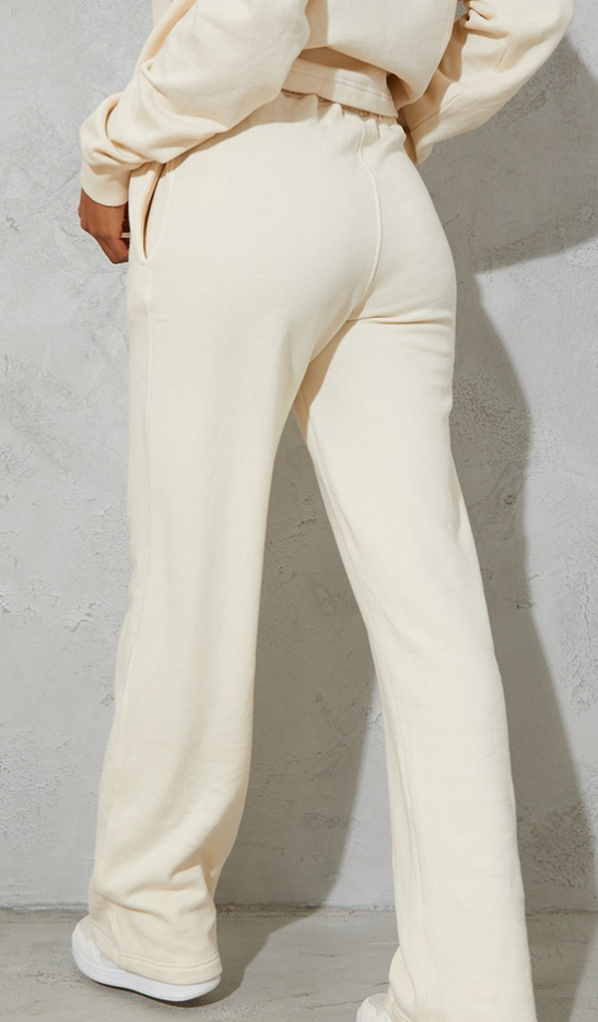 Cream Shirred Waist Seam Front Wide Leg Joggers