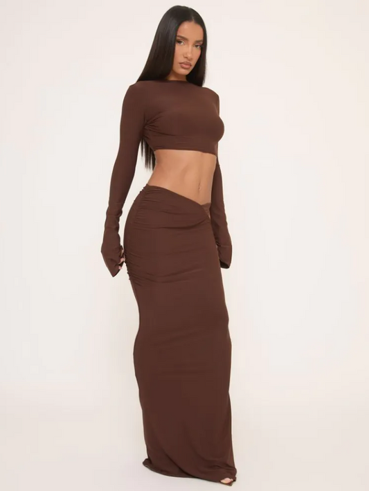 SHORT SLEEVE ASYMMETRIC RUCHED DETAIL TOP & Cut out waist Skirt IN BROWN