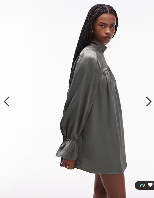 ASOS DESIGN satin high neck blouson sleeve mini dress in khaki