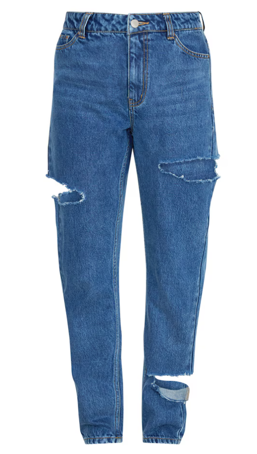 Mid Blue Thigh Split Straight Leg Jeans