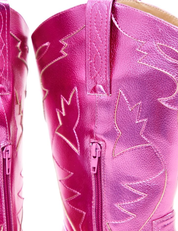 Pink Faux Leather Metallic Shine Block Heel Low Western Calf Boots