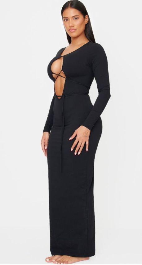 Shape Black Sculpt Plunge Front Strappy Waist Long Sleeve Maxi Dress