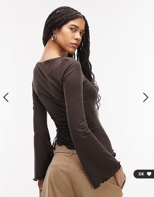 ASOS DESIGN drawstring detail top with flute sleeve in chocolate