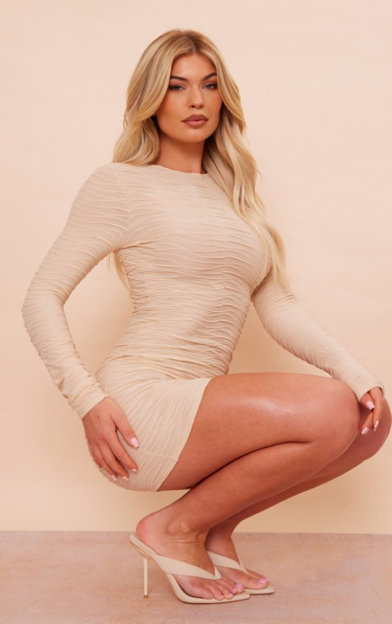 Desert Sand Textured Crew Neck Long Sleeve Bodycon Dress