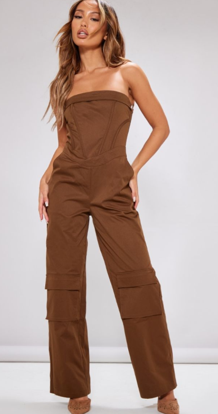 Plt - Petite Brown Corset Detail Cargo Jumpsuit
