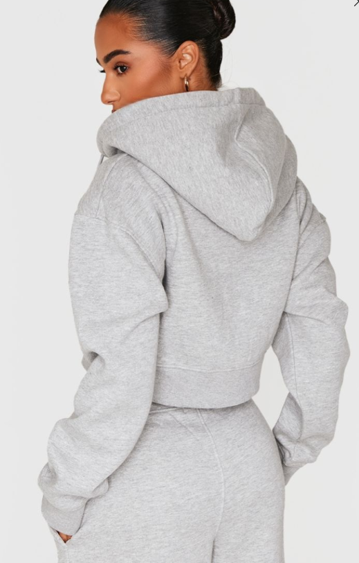 Petite Ash Grey Zip Up Embossed Detail Crop Hoodie