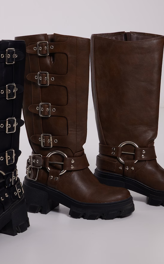 Brown Faux Leather Buckle Detail Biker Knee High Boots