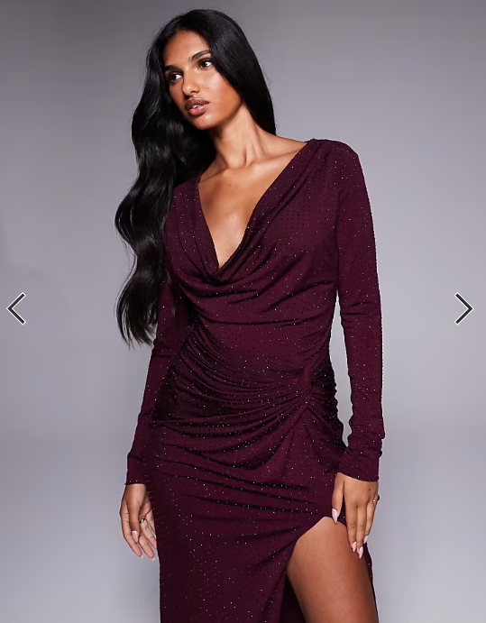 TFNC cowl front embelished maxi dress with thigh split in cherry