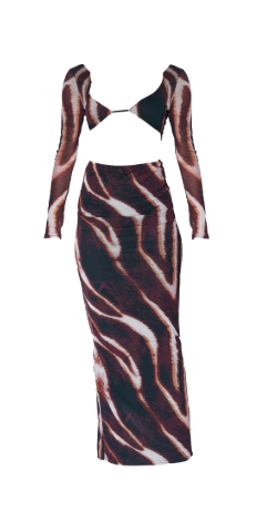 Brown Animal Mesh Cup Long Sleeve Maxi Dress | Dresses
