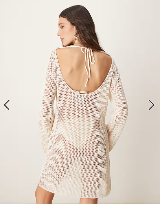ASOS DESIGN knit beach mini dress with 3D flowers in ecru