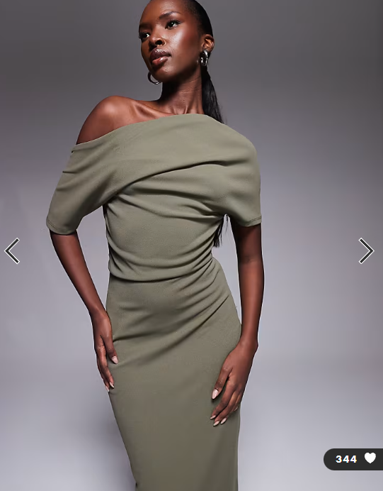 ASOS DESIGN pleated shoulder pencil midi dress in khaki