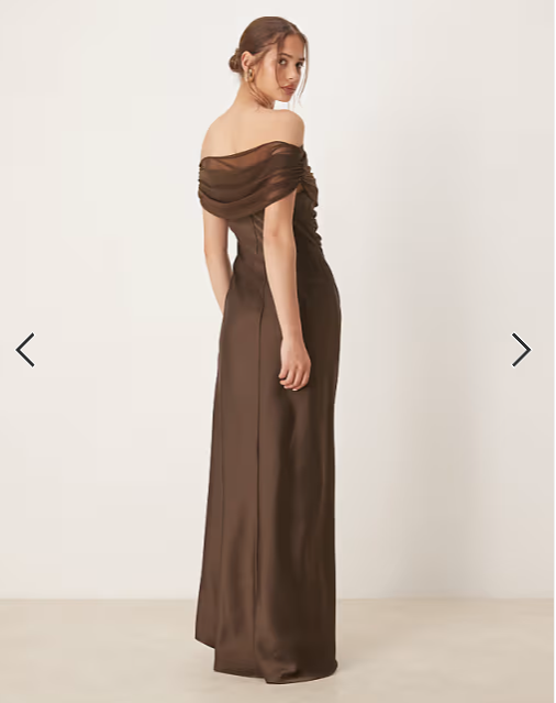 Six Stories off shoulder mesh satin midaxi dress in chocolate