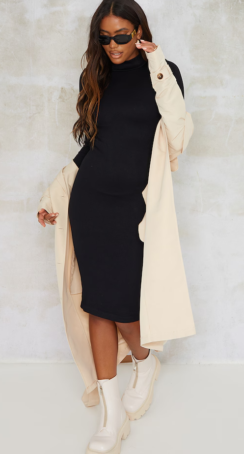 Black Structured Contour High Neck Midi Dress