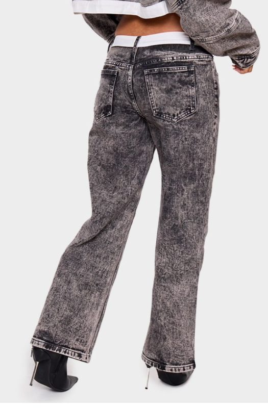 Petite Washed Grey Contrast Waistband Denim Jeans
