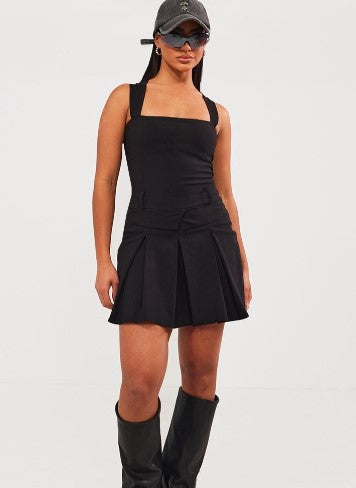 Black Stretch Woven Pleated Square Neck Shift Dress