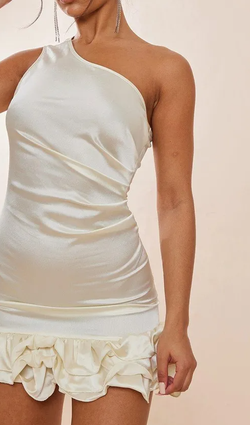 Cream Satin One Shoulder Frill Hem Bodycon Dress