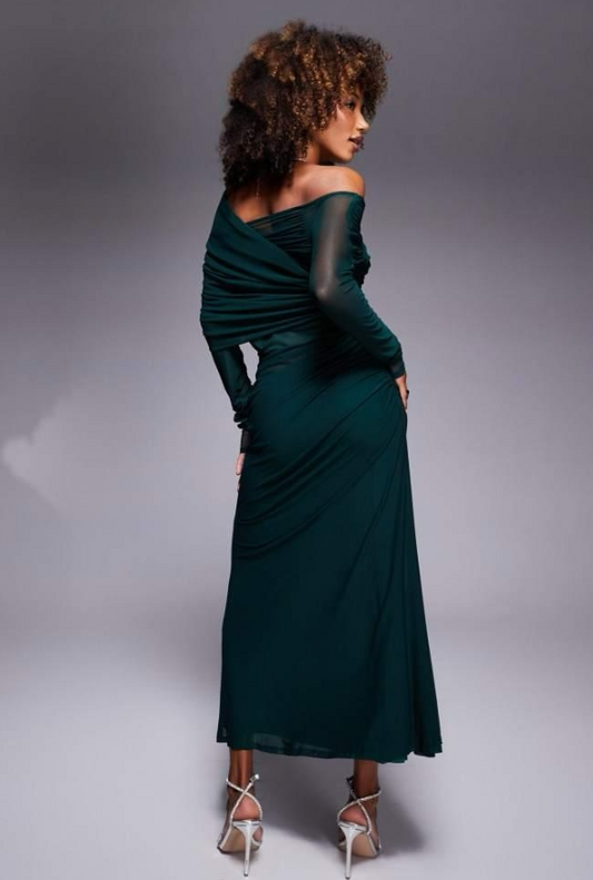 ASOS DESIGN long sleeve slouchy bardot mesh mix maxi dress in bottle green