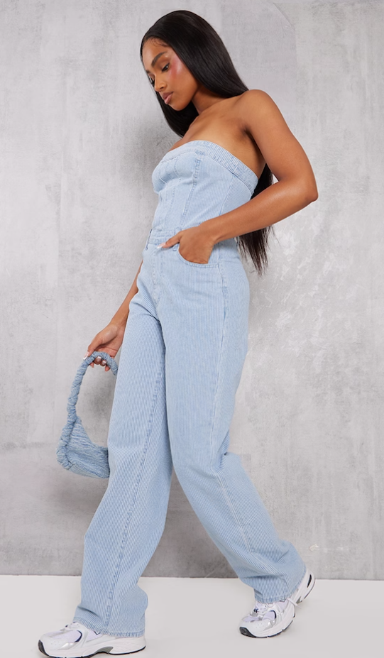 Blue Pinstripe Bandeau Denim Jumpsuit