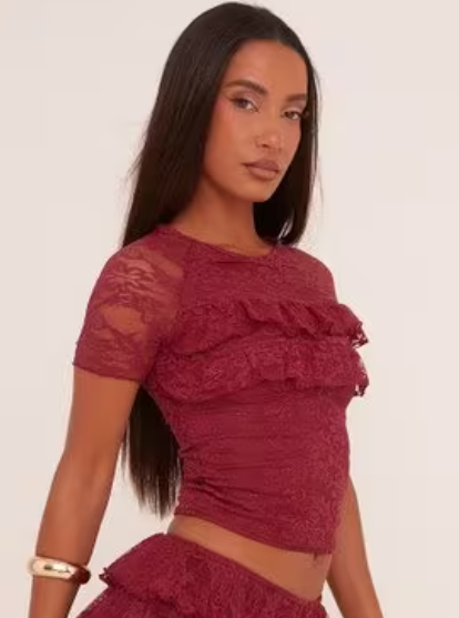 Ego - Short Sleeve Frill Bust T-Shirt In Burgundy Lace