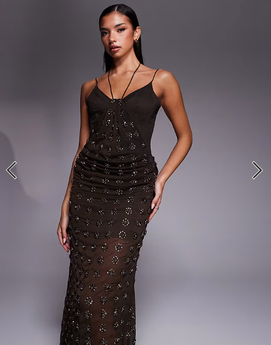 ASOS DESIGN embellished contour midi dress with draped skirt detail in chocolate