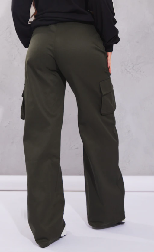 Khaki Twill High Waist Side Pocket Wide Leg Pants