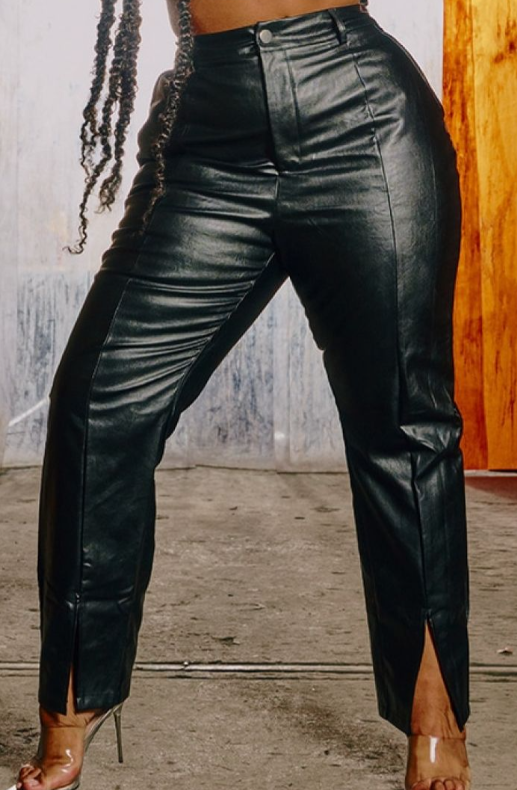 Plt - Plus Black Vinyl Split Hem Trousers