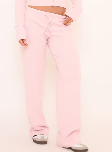 Drawstring Waist Straight Leg Trousers In Pink Ribbed