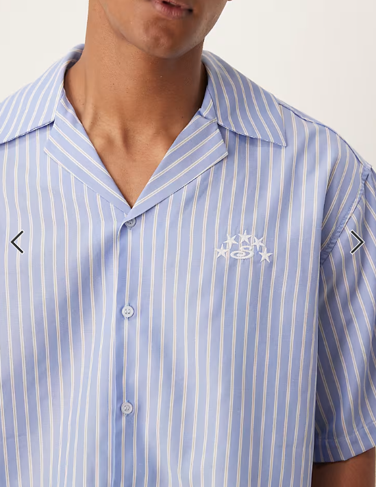 ASOS DESIGN boxy oversized revere shirt with embroidery in blue and white stripe